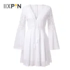 Элегантные женские летние платья повседневные богемные длинные рукавами и отверстиями на верхнем слое белое кружевное платье с сексуальным v-образным вырезом платье для женщин вечернее вечерние Пляжное платье