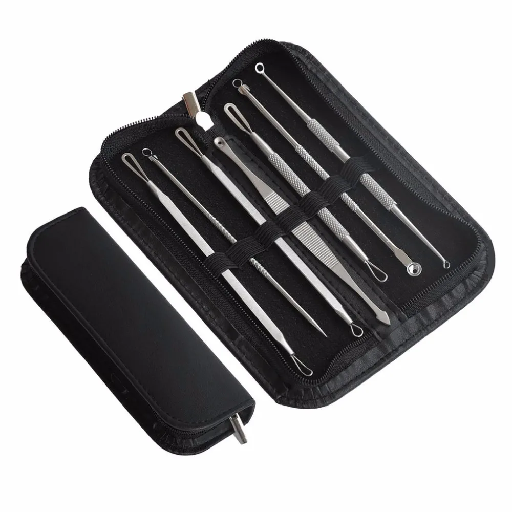 

7pc/bag Blackhead Remover Tool Kit Face Skin Care Tools Spot Comedone Acne Needle Clip Pimple Tweezer Blemish Extractor with Bag