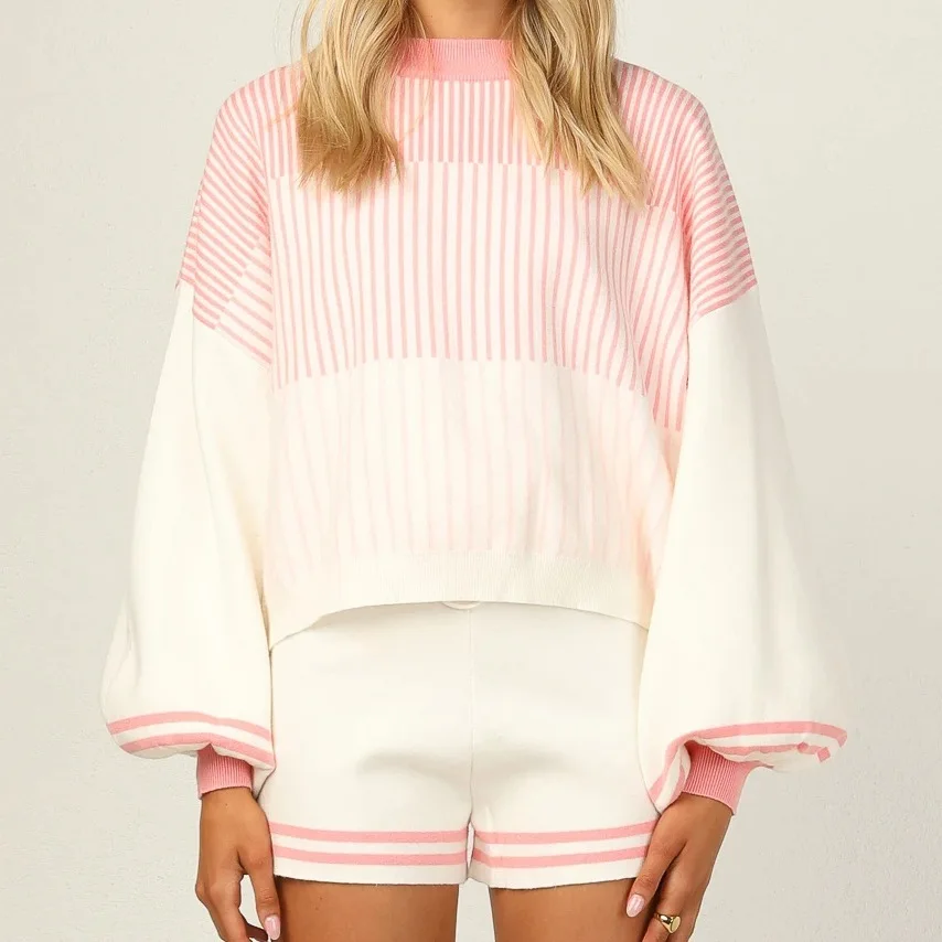 

Новинка Осень-зима 2021, свитер и шорты с рукавами-фонариками на Amazon, милый женский комплект