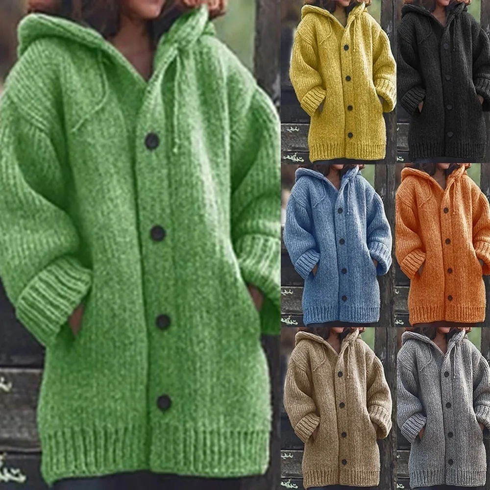 

Winter Women Cardigan Casual Hooded Solid Button Knitted Sweater Coat Warm Long Sleeve Pocket Plus Size Female Knittwear Outwear