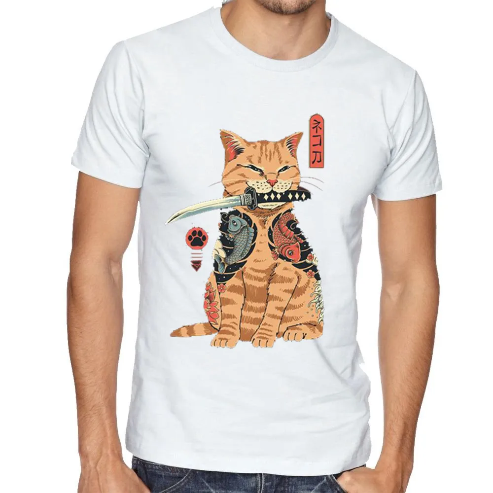 

2021 New Summer Weekend T Shirt O-Neck Samurai Cat Print Harajuku Oversized Fashion Neko Samurai Men Tops Essential