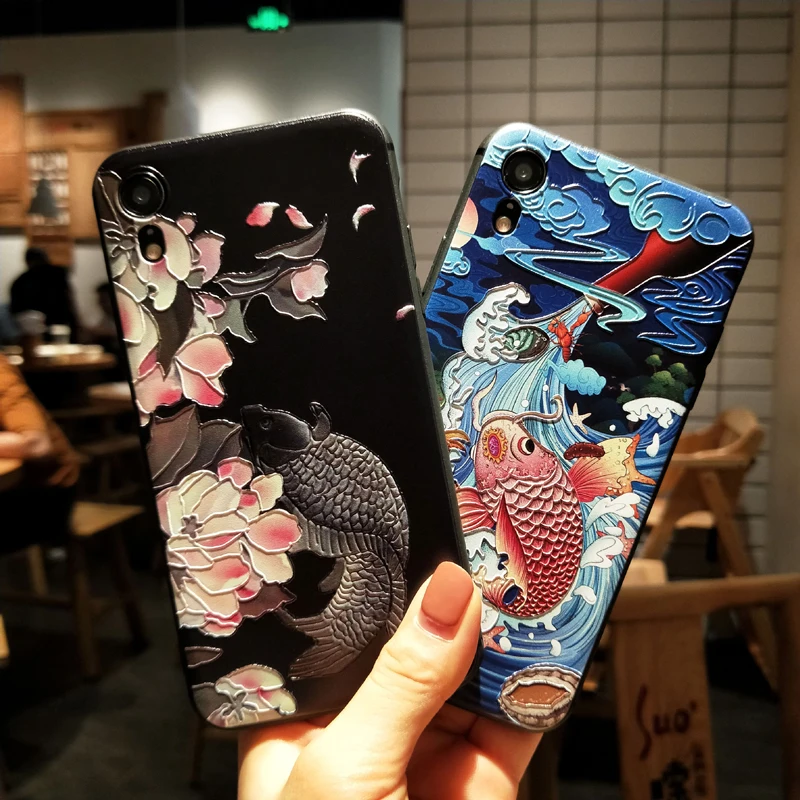 Чехол для iPhone 11 Pro Max XS XR X 8 7 Plus 6 6S рельефный мягкий чехол с объемным рисунком карпа