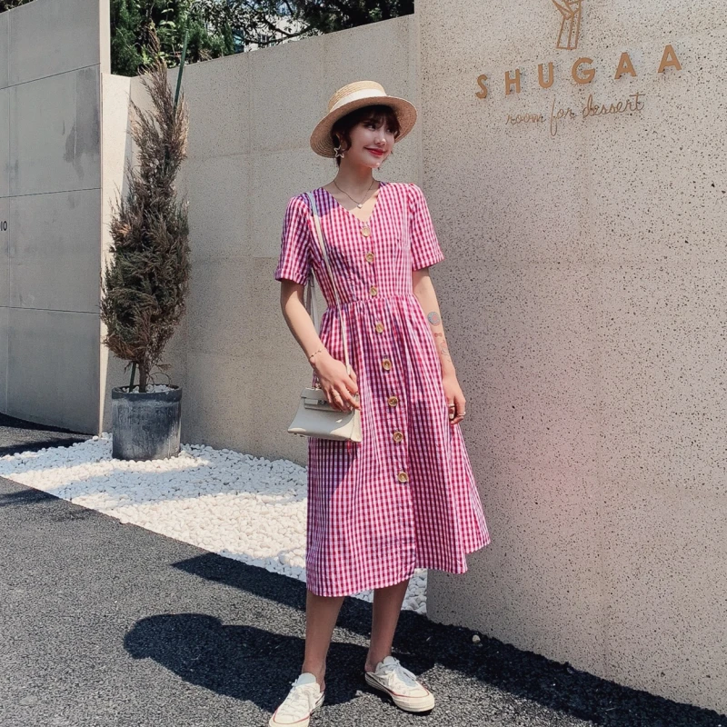 Летнее женское хлопковое красное платье в клетку элегантное винтажное пляжное