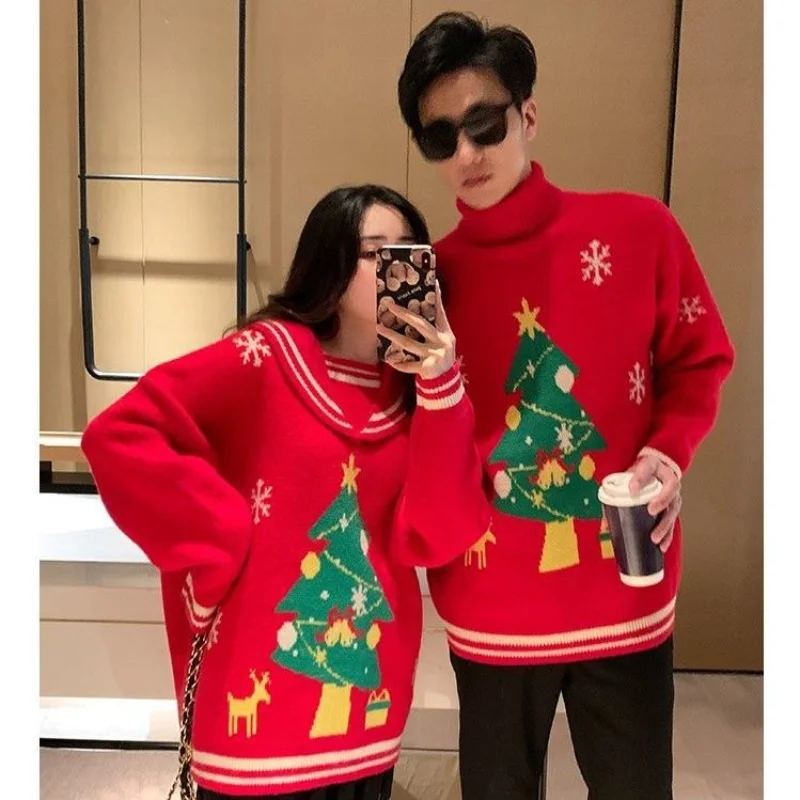 

Мужская одежда, одежда для пар, пуловер осень/зима 2021, свитер с высоким воротником с рождественским рисунком, мужская и женская верхняя одеж...