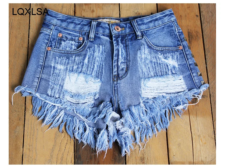 

Women's Fashion Brand Vintage Tassel Rivet Ripped Loose High Waisted Short Jeans Punk Sexy Hot Woman Denim Shorts