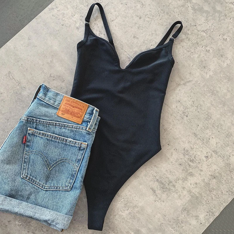 2023 New Sexy V Neck Ribbed Women Swimwear One Piece Swimsuit Female Monokini High Cut Trikini Bather Bathing Suit Swim Bodysuit