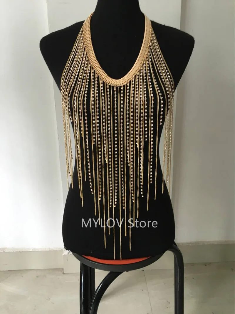 

01013 Long Tassel Body Chain Necklace Jewelry Rhinestone Chain Women Fashion Body Chains Jewellery Two Colors