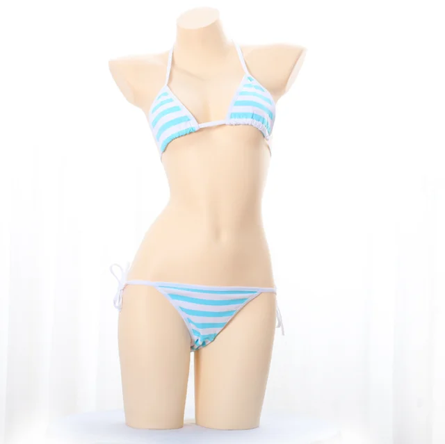 Women's blue and white stripe Lace Up Bikini anime Cosplay sexy clothing Kawaii swimsuit underwear set 3