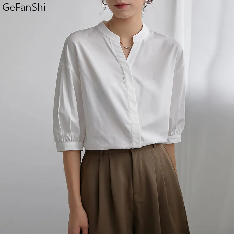 

Рубашка женская однотонная хлопковая с коротким рукавом, милая блузка от солнца, офисная одежда, осень-лето