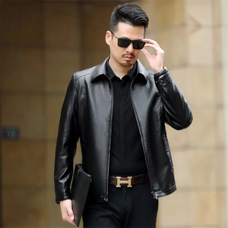 Leather jacket men's lapel casual short coats spring and autumn new middle-aged solid color куртка зимняя мужская black blue