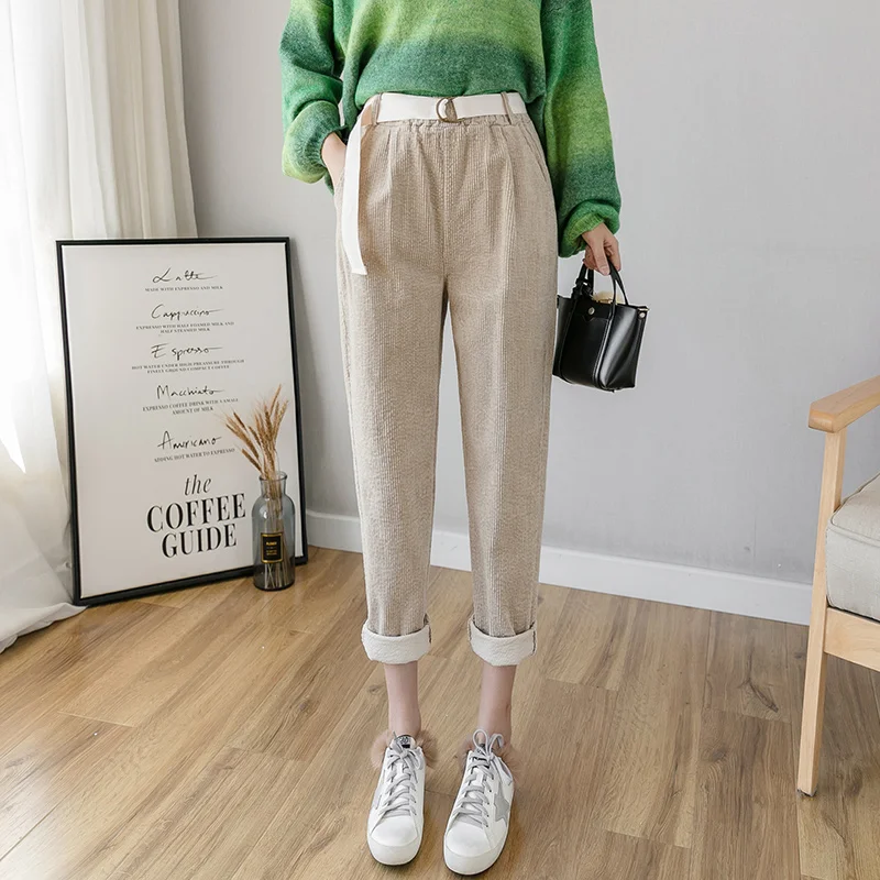 Осенне зимние вельветовые штаны шаровары с высокой талией женские свободные