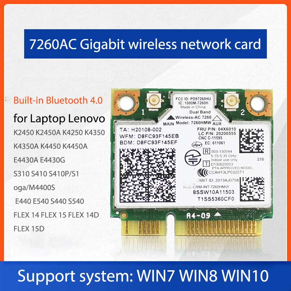 

7260AC Gigabit Wireless Network Card Dual Band 2.4G+5G Bluetooth 4.0 MINI PCI-E Network Card for Lenovo S410 E440 E540 S440 S410