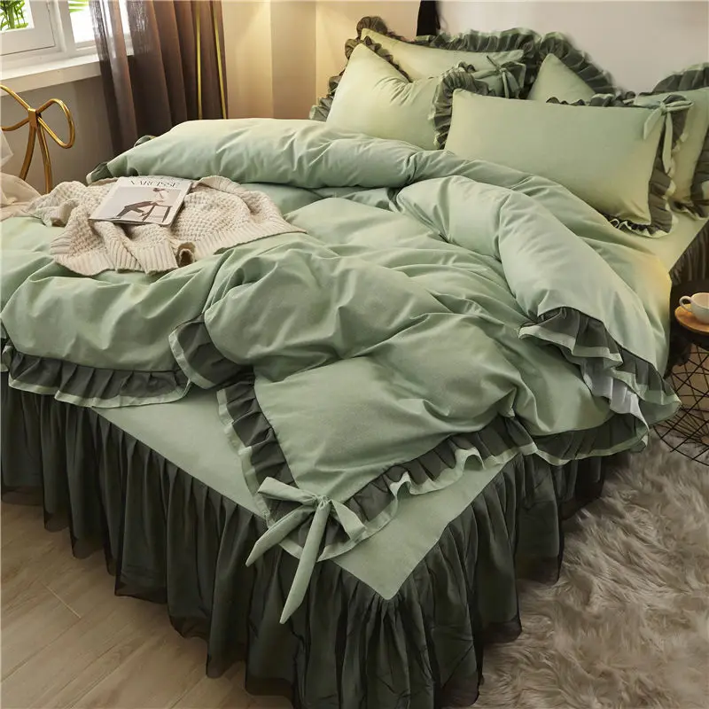 

Kawaii Korean Solid Color Bedding Set Girl Boy Kid Bed Cover Set Brushed 4 Pcs Princess Style Single Double Bed Skirt Bed Goods