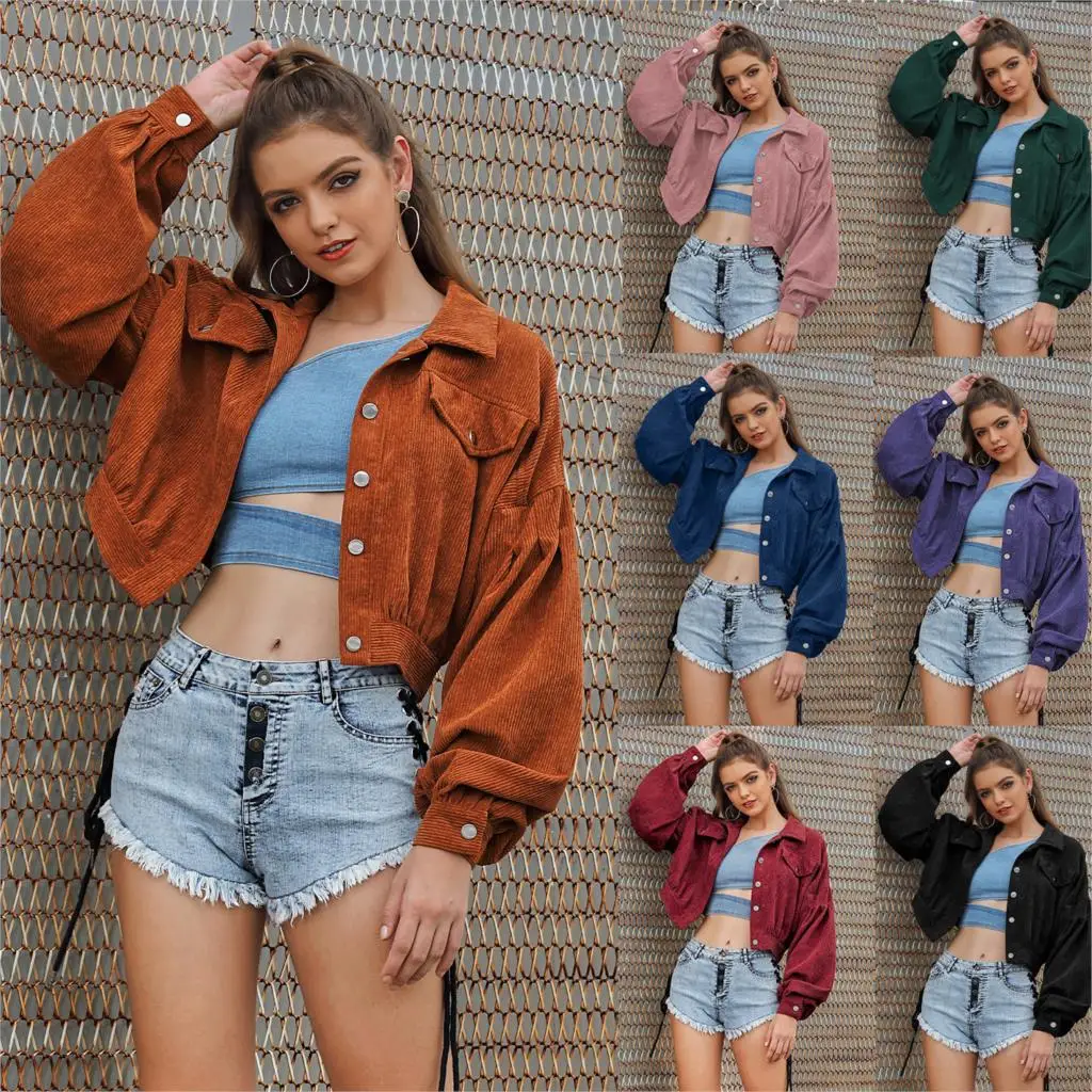

Women's Corduroy Jacket Fashion Autumn Spring Streetwear Short Jacket Coat Casual Button Outwear Latern Sleeve Tops