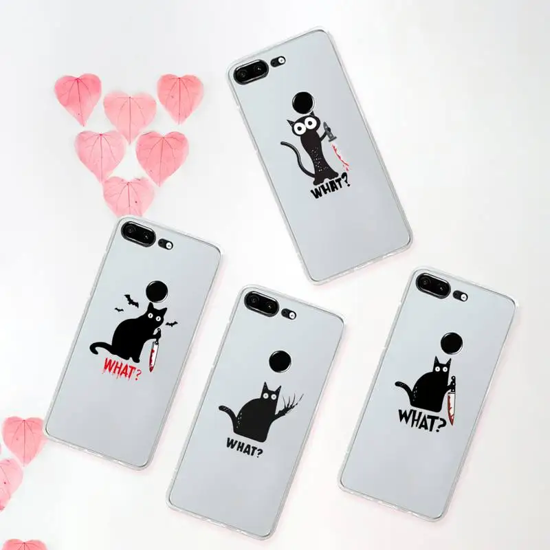 

Funny Black Cat What Phone Case Transparent for Huawei mate 20 10 9 8 X S 5G Z Enjoy pro plus