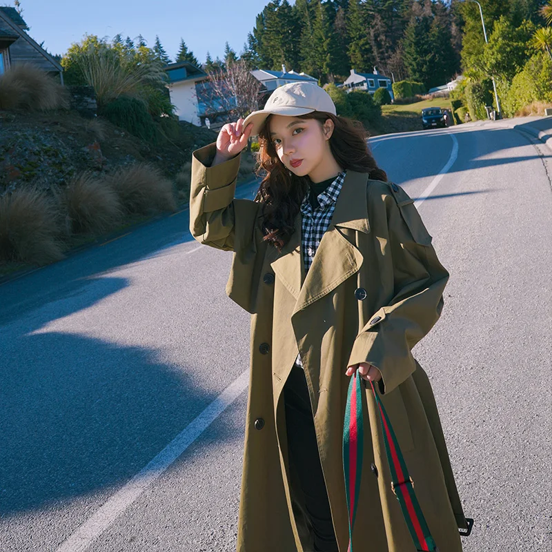 Женский двубортный Тренч армейского зеленого цвета офисный дамский плащ