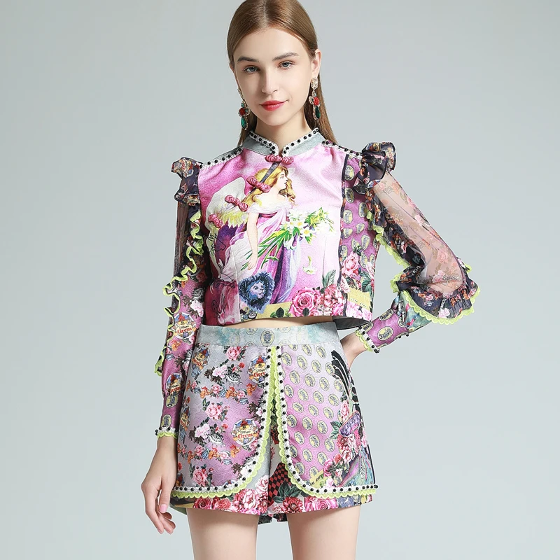 2021 SPRING FLORAL PRINT RUFFLE BLOUSE & SHORTS SET