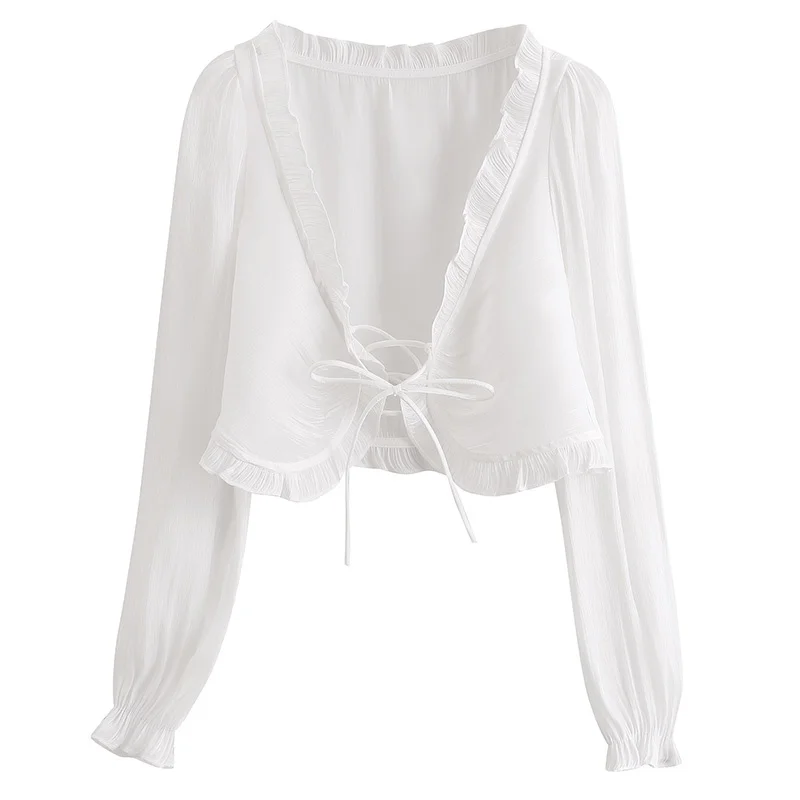 

Summer Solid Color Pleated Long Sleeve Bowknot Waist-Tight Simple Sun Protection Cardigan