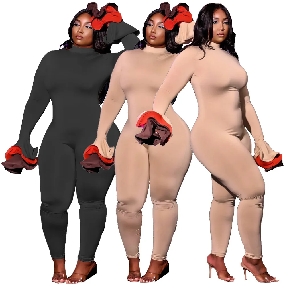 

79MN8337 Spring and autumn fashion versatile women's color matching flared sleeve zipper Jumpsuit rompers womens jumpsuit