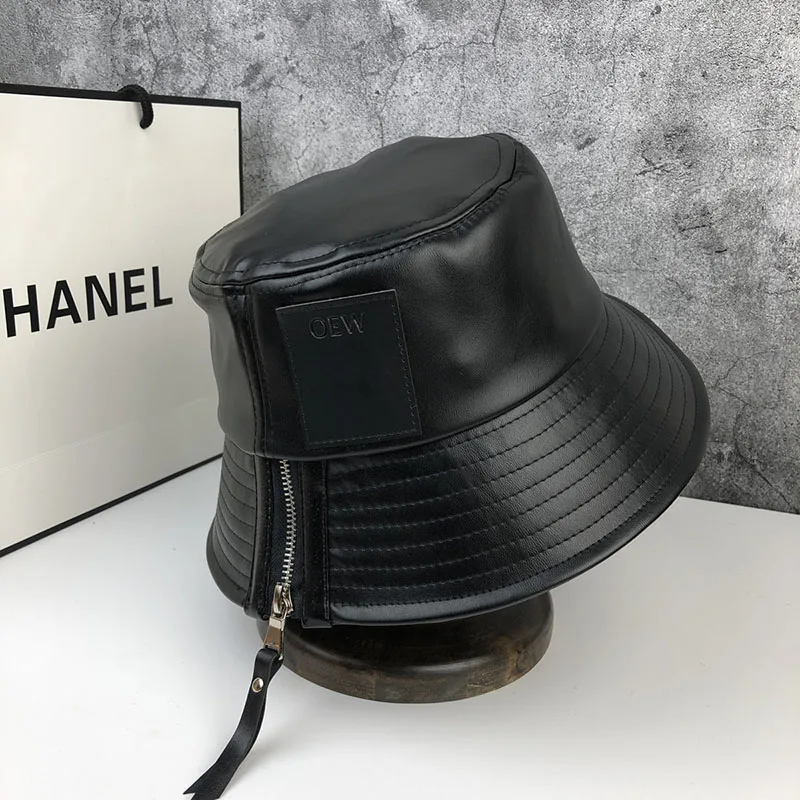 

Panama Fisherman's Hat Female Japanese Autumn Winter Cap Zipper PU Leather Black Hats Male Spring Shading Bucket Caps Kpop Style