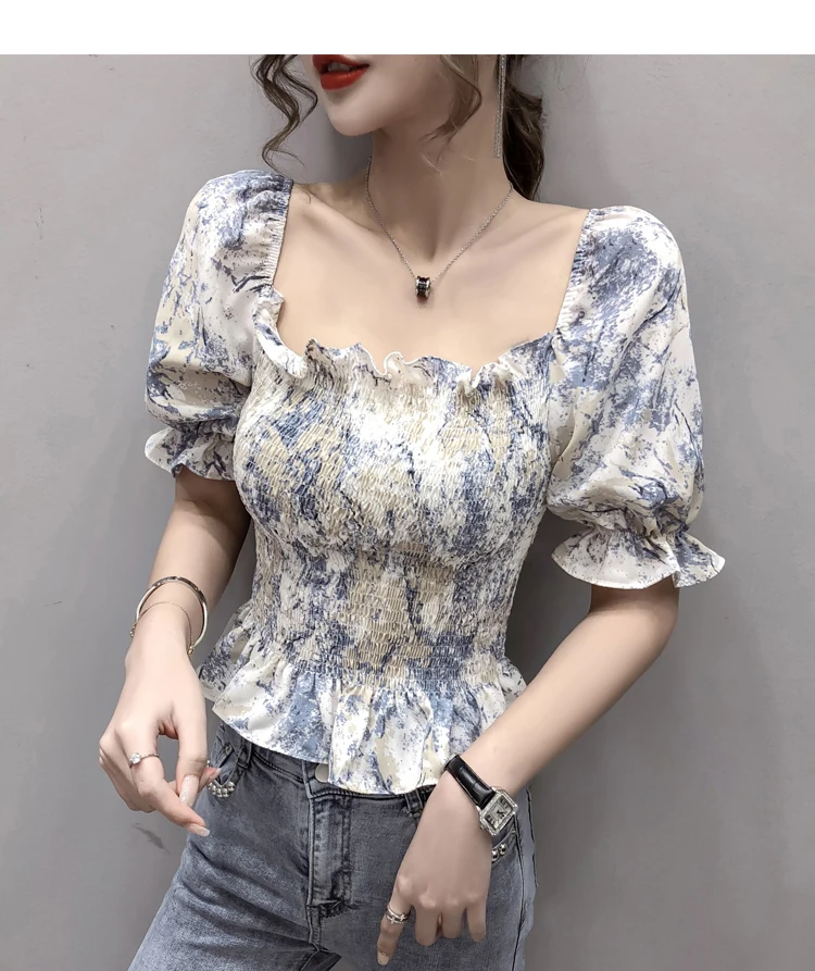 Женские блузки с цветочным принтом Винтажные эластичные Блузы оборками на спине