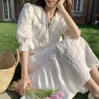 elegant white midi dresses women bandage casual short sleeve vintage french sweet girls dress female new korean fashion vestidos