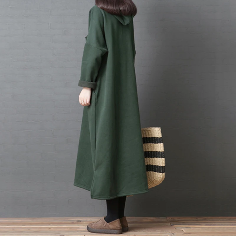 Осеннее модное женское платье с капюшоном длинным рукавом повседневное