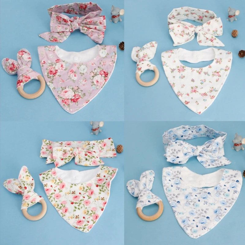 3Pcs Baby Rabbit Ears Teether Cotton Bibs Headband Infant Saliva Towel Care Set Wholesale