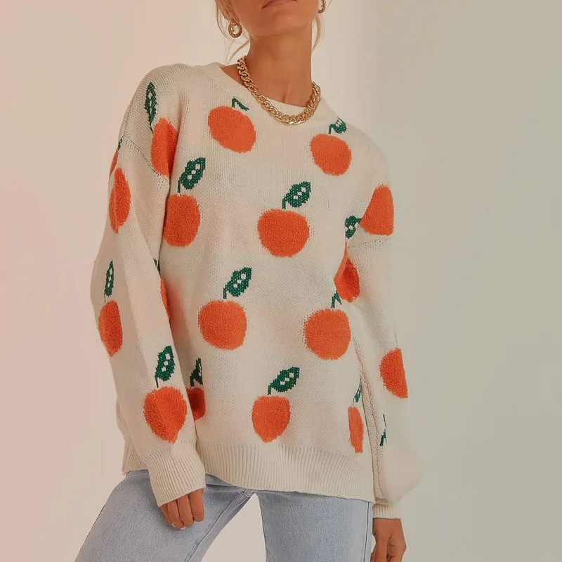 

Women Loose Knit Sweater, Adults Casual Orange Pattern Long Sleeve Round Neck Pullover