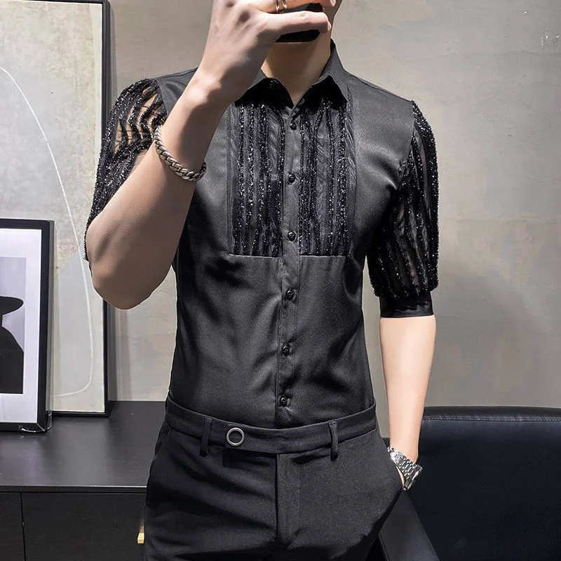 

See Through Luxury Summer Casual Men Half Sleeve Slim Fit Lace Shirts Camisa Masculina Streetwear Nightclub Bar Blusa Homme