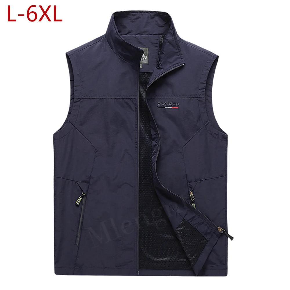 Summer Men Quick Dry Vest Thin Mesh Solid Sleeveless Jackets Multi-Pocket Classic Waistcoats Large Size L-7XL Photographer Vests