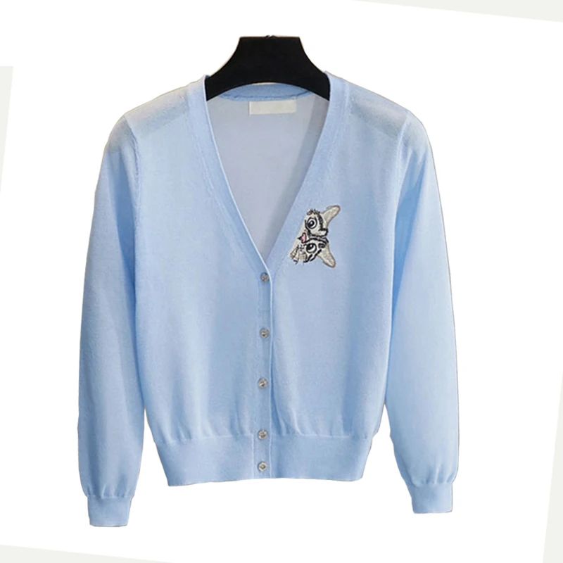 

Spring Summer Ice Silk Knit Hollow Out Female Cardigan 2021 Cute Cat Embroidery V Neck Thin Cardigan Jacket Sun Shade Coat New