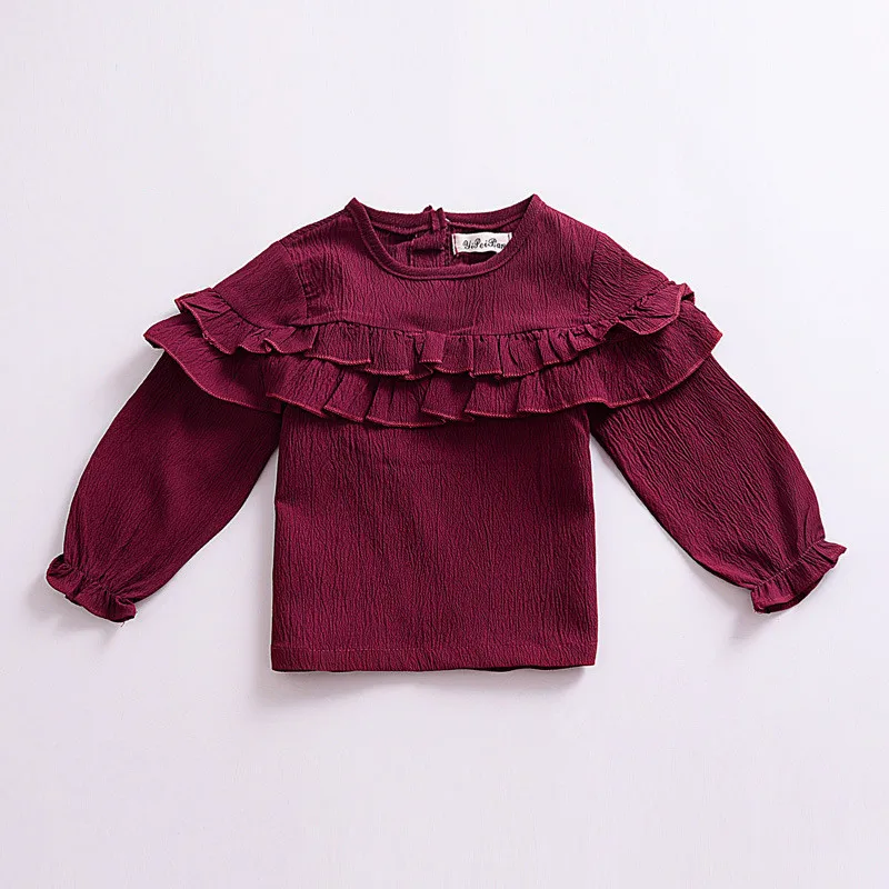 

New Soild Kids Baby Girls Cotton Long Sleeve T-shirt 6M-3T Children Clothing Girls Spring Autumn Ruffles Basic Blouses tops