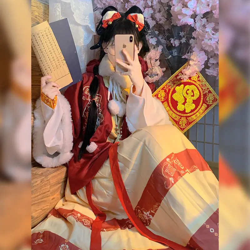 

HASAHOU[Lucky Cat] оригинальная женская зимняя одежда Hanfu нового года с бархатной вышивкой династии Мин