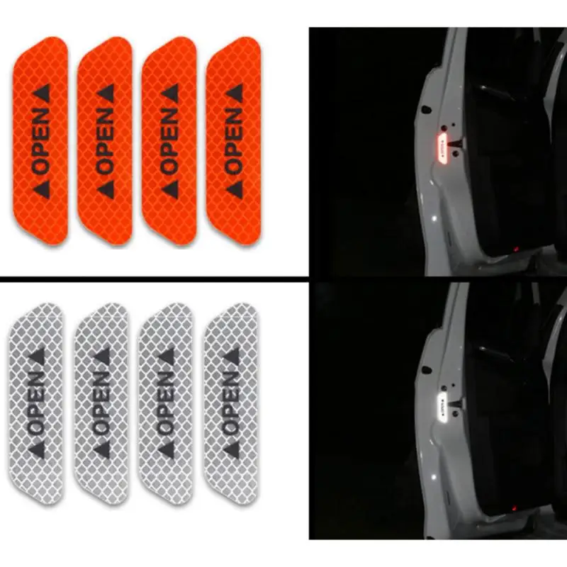 

Car-styling 4pcs Car Door Sticker Decal Warning Tape Car Reflective Stickers Reflective Strips Safety Mark Automobile Stickers