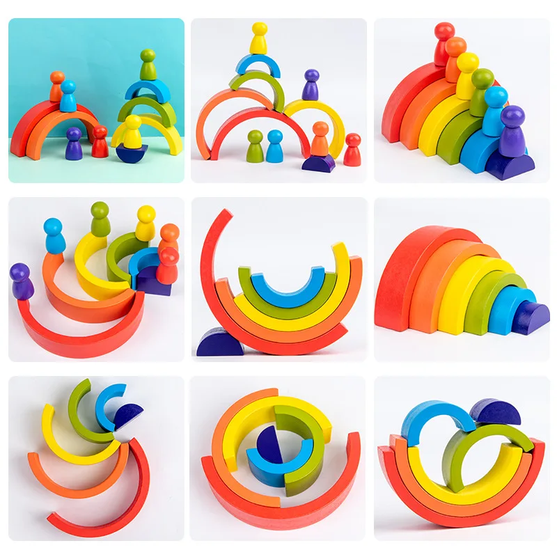 Wooden Rainbow House Toy Set Bucket Building Block Combination Children's Education Toys Creative Stacking Game Stacker | Игрушки и