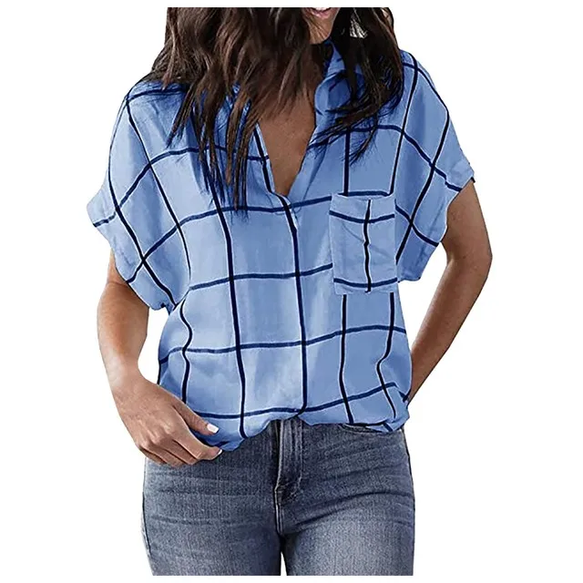 

Women Shirts blouses Plaid Print Pocket Deep V Lapel Female Clothing Short Sleeve Women's Tops Loose Casual Top Ladies Shirts
