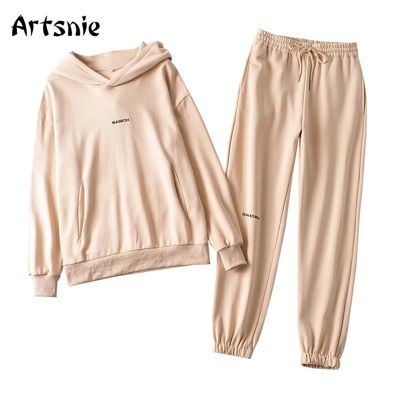 

Artsnie Spring 2021 Two Piece Set Women Khaki Sweatshirt Sweatpants Trouser Tracksuits Sportswear Suits Two Piece Set Outfits