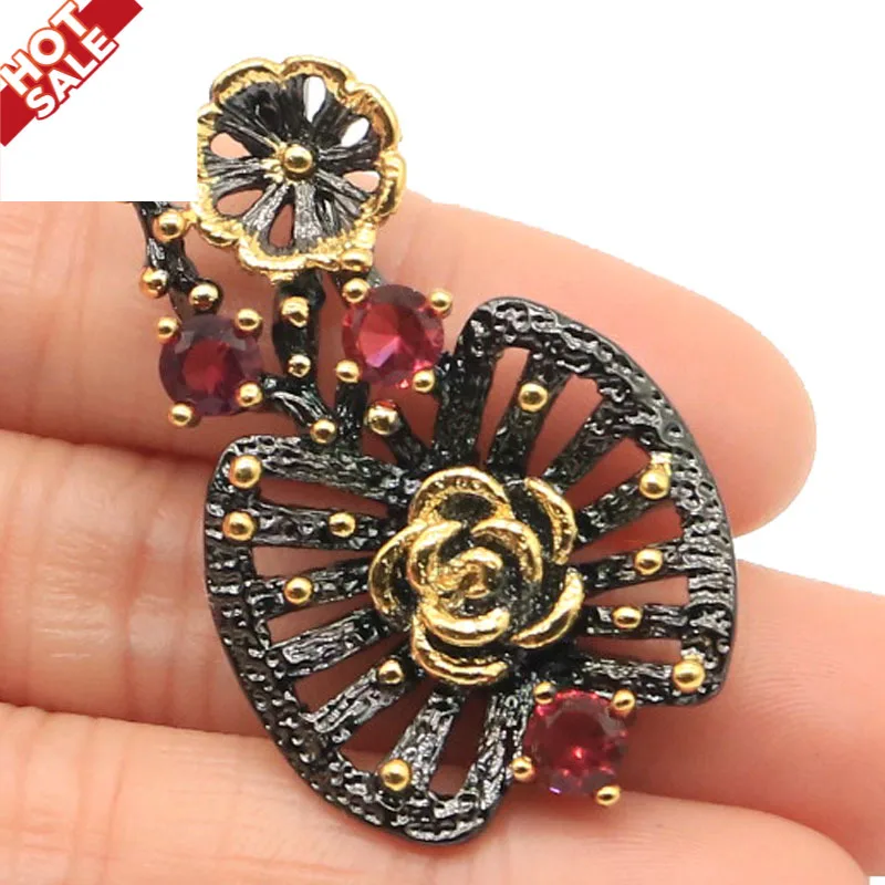 

41x25mm Vintage Jewelry for Women Created Rhodolite Garnet Gothic Black Gold Color HipHop Punk Hollow Pendant
