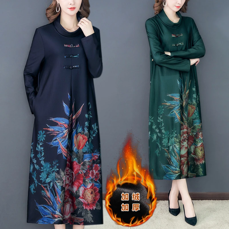 

2021 Winter Thickened Mother Warm Dress Loose Turtleneck Vintage Print Vestidos Elegantes Woman Dresses
