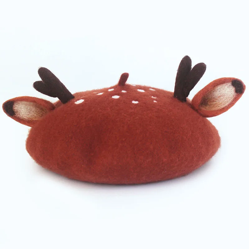 

Wool Felt Christmas Harajuku Kawaii Antlers Ear Beret Creative Autumn And Winter Birthday Gift Painter Cap