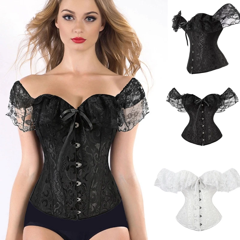 

Women Lace Short Sleeve Corset Solid Color Tie-up Bow Tie Close-fitting Crop Tops Shapewear Bustier Ladies Sexy Outfit