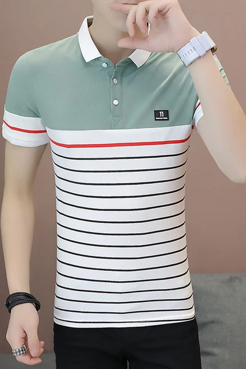 

2021 Summer Half-sleeved Men's Short-sleeved T-shirt Men's Cotton Top Clothes Compassionate Striped Polo Shirt