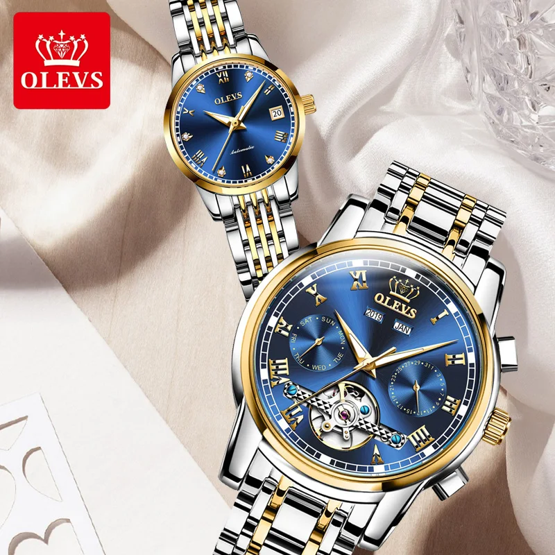 

OLEVS Luxury Men Women Automatic Mechanical Pair Watch Stianless Steel Sports Waterproof Wristwatch Valentine's Day Gifts 6602