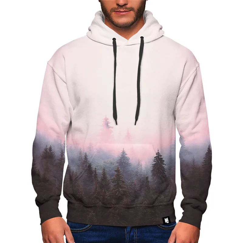 02 Foggy forest Print Men Hoodies Long Sleeve Pullover Casual streetwear Loose Hip Hop Sweatshirt Unisex Hooded Tops - Цвет: 02