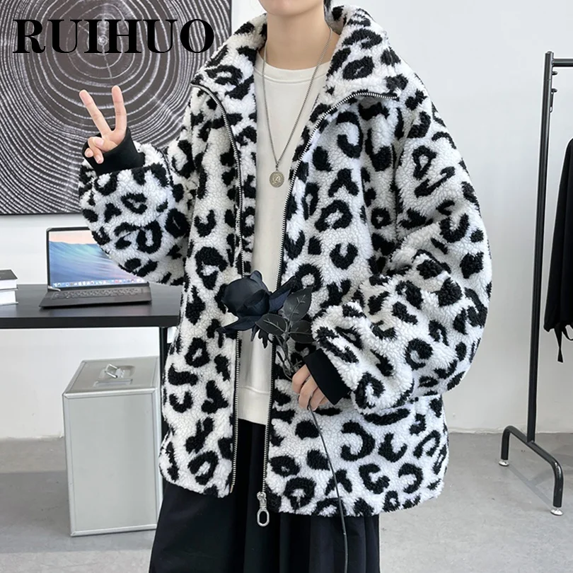 

RUIHUO Leopard Print Fleece Parkas Men Jacket Winter Cashmere Mens Jackets Coat 2XL 2021 Autumn New Arrivals