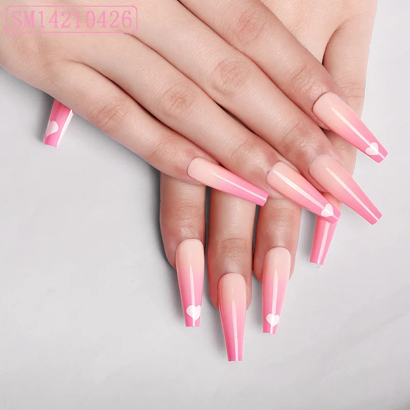 

24pcs Love Heart Printed Nails Patch Glue Type Long Paragraph Fashion Gradient Pink Manicure Patch False Nails Patch CIN6 899