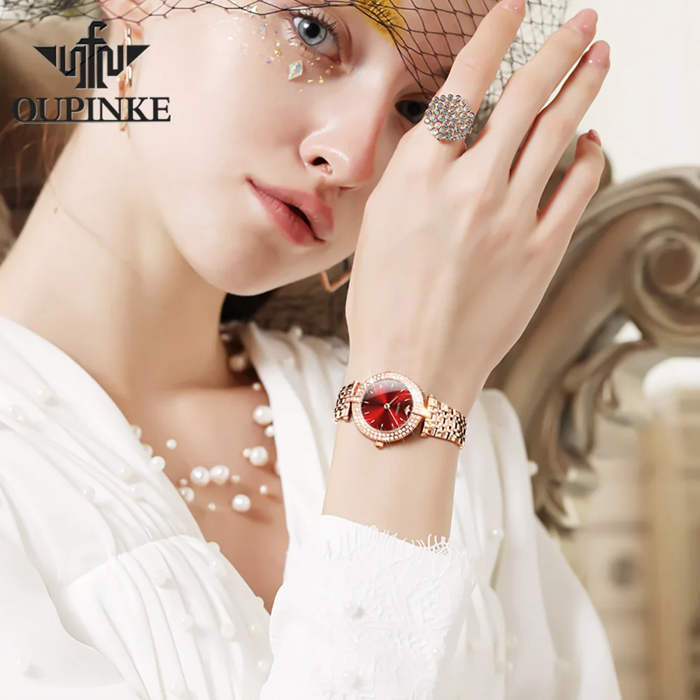 OUPINKE Luxury Women Wristwatch Waterproof Diamond Stainless steel Sapphire Automatic Elegant Ladies Bracelet Necklace Watch Set enlarge
