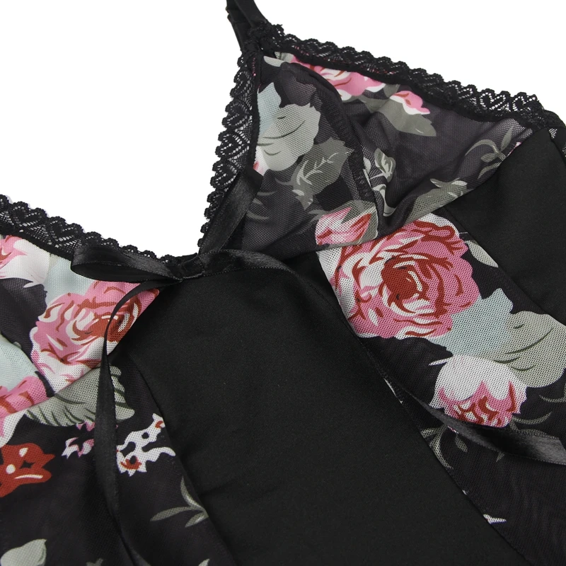 

New Arrival Sexy Flower Printed Exotic Dresses Suspender Nightdress Lace Pajamas Large Size Sexy Underwear Lingerie
