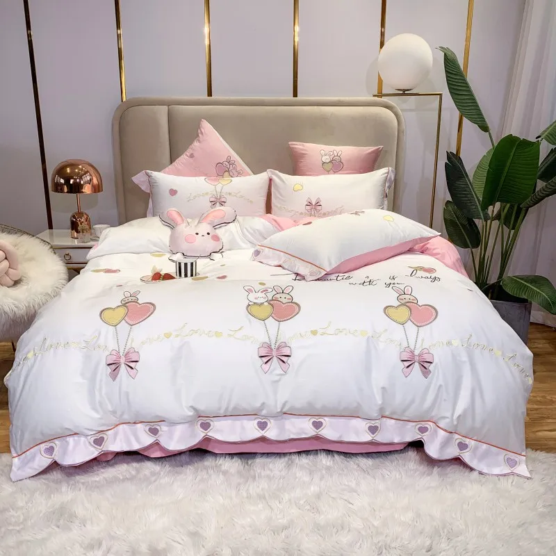 

New Luxury White/Pink 600TC Egyptian Cotton Love Balloon Rabbit Embroidery Girl Bedding Set Duvet Cover Bed Sheet Pillowcases